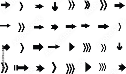 A diverse group of black arrow icons positioned in rows on a clean white field representing choice and progression