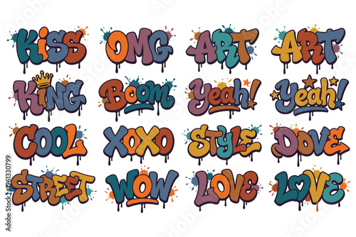 Graffiti collection set with spray paint drips and splash effects vector illustration.