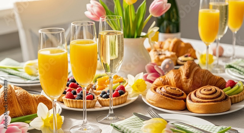 Festive Easter brunch table set with mimosas, fresh croissants, fruit tarts, and cinnamon rolls. Easter brunch spread includes sparkling orange juice drinks, tulips, daffodil decor.