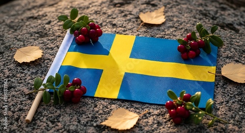 Swedish flag with lingonberry branches and autumn leaves on a textured stone surface during daylight.