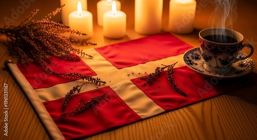 Danish flag with candles and coffee cup for hygge concept on wooden table indoors.