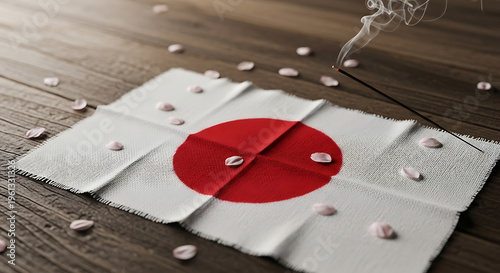 Japanese national flag on wooden floor with delicate white cherry blossom petals and smoking incense stick.