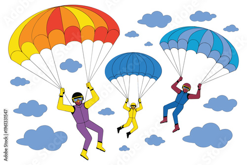 Parachutists skydiving with colorful parachutes against a cloudy sky.