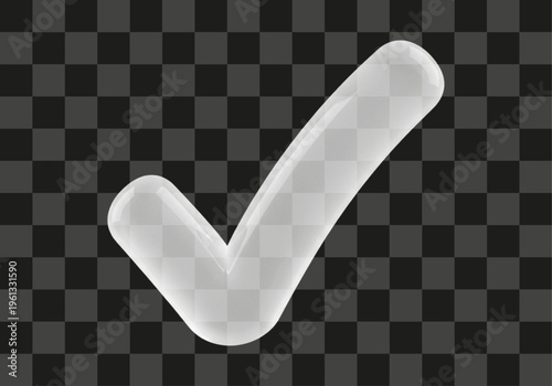 Three dimensional rendered checkmark symbol with a glossy translucent finish on a transparent background for digital design