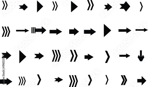A large assortment of black arrow icons indicating direction and movement on a clean white background