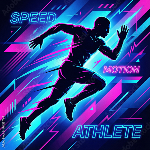 A silhouette of an athlete running against a colorful minimal geometric background template