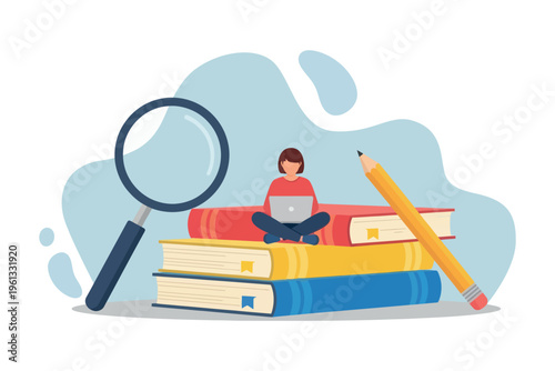 A student studies with books a laptop and learning tools nearby