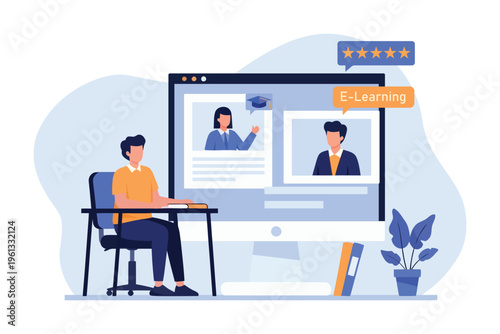 Student participating in an online class through a computer screen