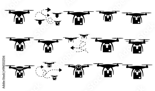 A black and white vector graphic illustration of multiple drone icons in various flight positions and movements on a white background