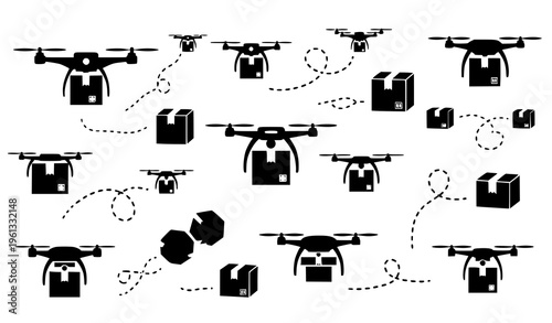 A vector graphic illustration of multiple black drones flying and delivering packages with dotted lines showing their paths on a white background