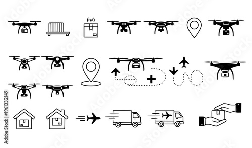 A collection of black and white vector icons depicting various delivery and transportation methods using drones and trucks