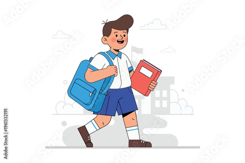 A young student cheerfully walks to school with a backpack and books