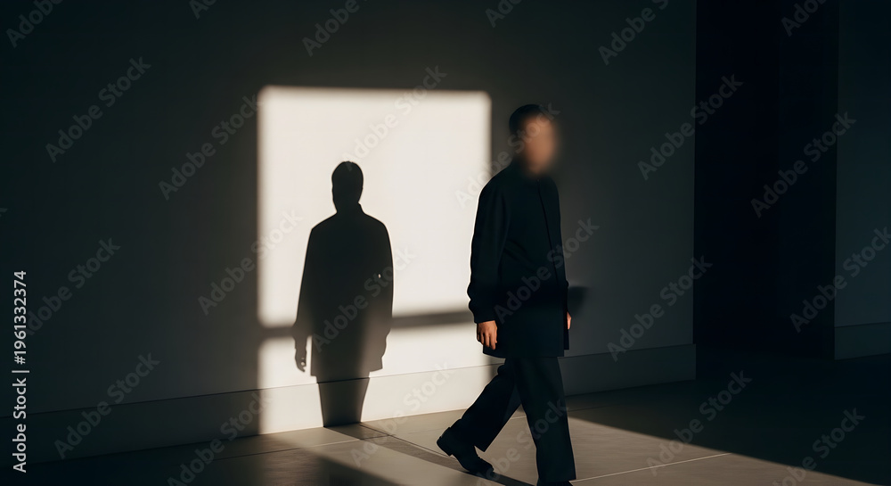 Obraz premium Silhouette of Man Walking Past Sharp Shadow on Minimalist Wall