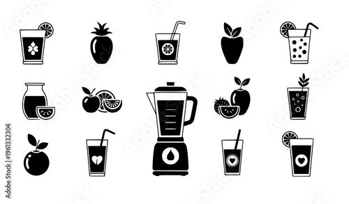 A collection of black and white vector icons featuring various fruits and drink glasses with a blender in the center on a clean white background