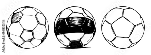 Football set with hand drawn sketch style featuring soccer ball, Russian flag, emblem sign with sports game and vector graphics