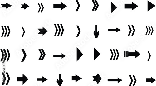A varied collection of black arrow symbols arranged neatly on a plain white surface indicating direction and movement
