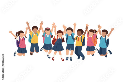 A group of cheerful students jumping with arms raised in excitement