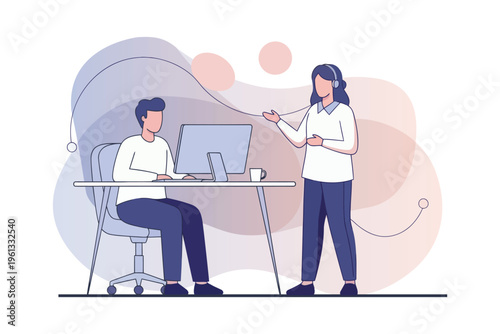 Two colleagues collaborating during a virtual meeting at their desk