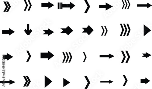 A varied grouping of black arrow shapes presenting diverse directional indicators on a bright white background