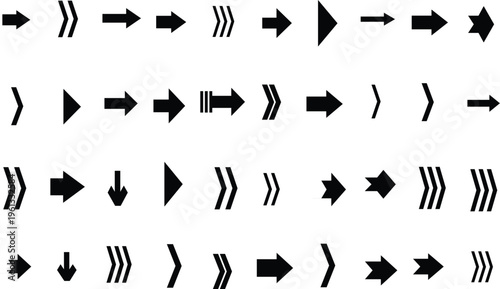 A variety of black arrow icons of different styles and orientations displayed on a clean white background