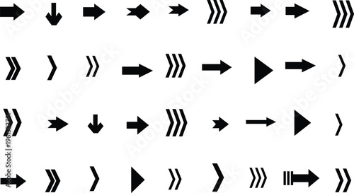 A versatile selection of black arrow and chevron symbols for indicating movement or direction