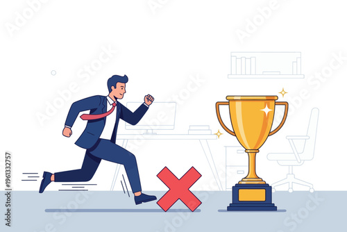 A business professional races towards a golden trophy overcoming obstacles