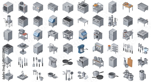 Commercial Kitchen Equipment, Restaurant Appliances, Stainless Steel, Catering Tools, Cooking Equipment Vector Collection for Industrial Food Service and Modern Culinary Workspace Design