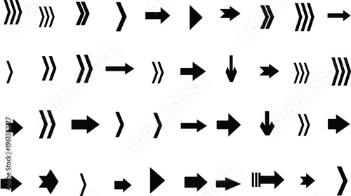 A wide variety of essential black arrow indicators arranged neatly against a bright, clear white surface