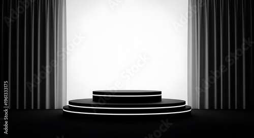 Elegant black three tier podium stage with glowing white highlights