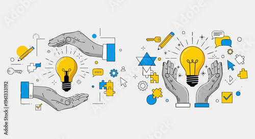 Creative business idea concept vector, hands protecting glowing light bulb, innovation and brainstorming icons in flat line art style