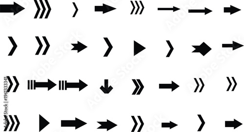 An assortment of black arrow shapes displayed cleanly on a white background for directional information and user guidance