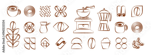 Geometric coffee pattern in minimalist Bauhaus style. Geometric line drawing. Abstract print background with simple shapes for coffee shop, food packaging, cafe wall, menu.