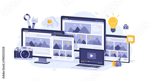 Multiple Computer Screens and Electronic Devices.