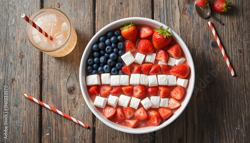 A bowl of fruit salad in the shape of the American flag on a wooden table with a glass of lemonade
