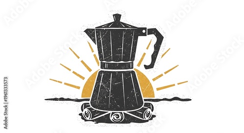 Vintage style vector illustration of coffee moka pot over campfire