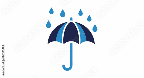 Blue Umbrella Protecting from Raindrops, Flat Design Icon Isolated on White