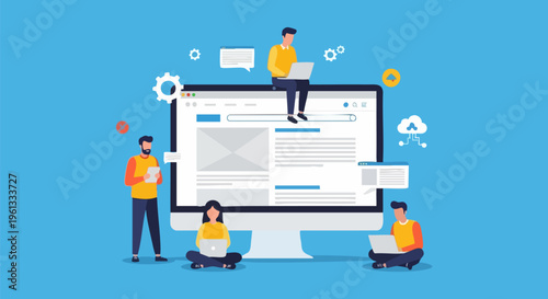 Modern web development team working on website interface, flat vector illustration of programmers and designers building digital software on computer