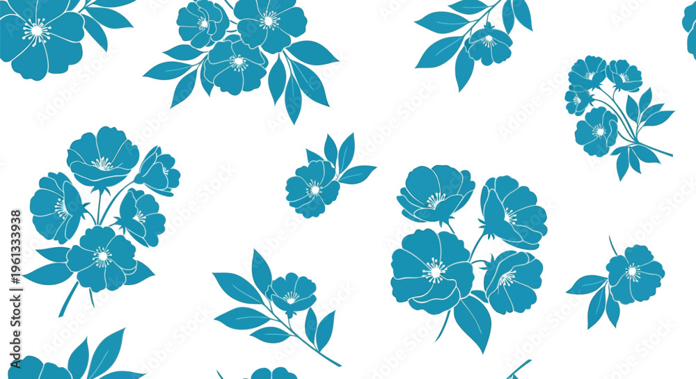 Obraz premium Seamless pattern featuring clusters of teal wild roses with delicate leaves and blooming flowers