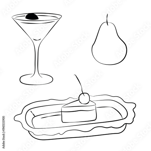 Hand-drawn banquet party decor elements, food and drink, martini cocktail glass, a piece of cake and pear in line art style