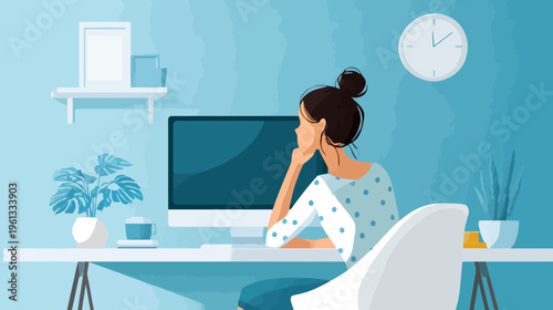 Young caucasian female working at desk with computer in modern home office