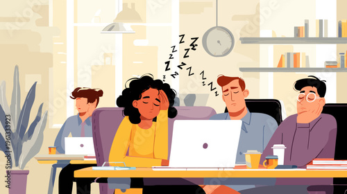 Drowsy office workers: multiracial young adults napping at desks with laptops and coffee