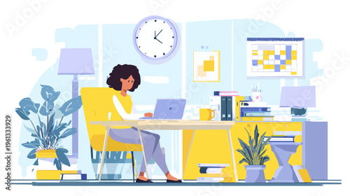 Female adult working remotely in home office with laptop and plants