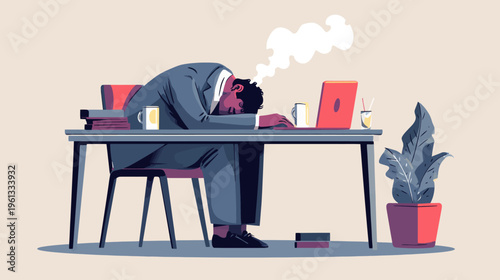 Exhausted male at work desk with coffee and laptop in office setting