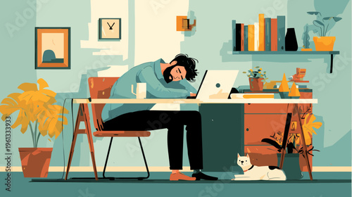 Young caucasian male sleeping on desk in home office with cat and plants