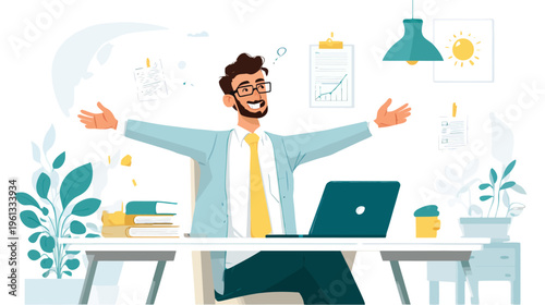 Caucasian male adult celebrating in bright office with laptop and charts