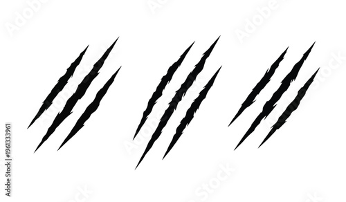 A silhouette of four sharp black claw marks on a white background resembling a tiger or bear scratch