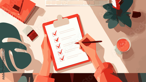 Person completing checklist at desk with keyboard, plant, and candle