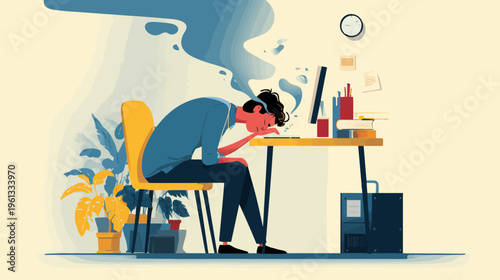 Exhausted young caucasian male working at desk under stress in office setting