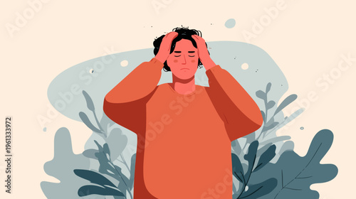 Stressed young hispanic male holding head with hands against abstract leafy background