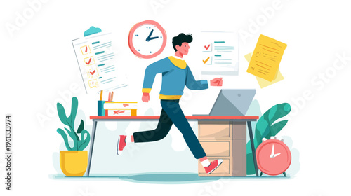 Young caucasian male running to work desk with documents and clock in office space